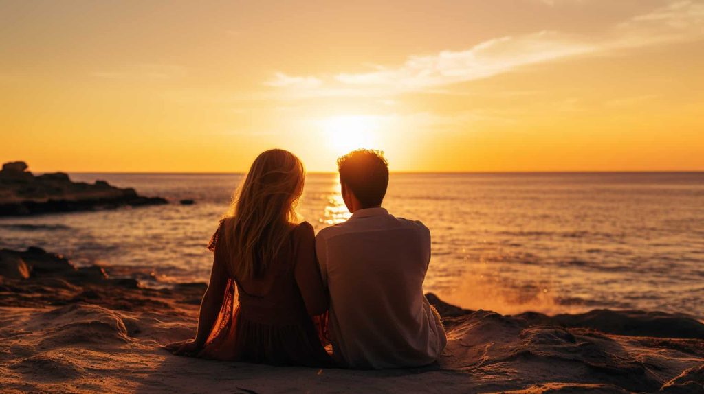 A young and vibrant couple in a healthy relationship lounging on a tranquil beach as the sun gracefully sets on the horizon.